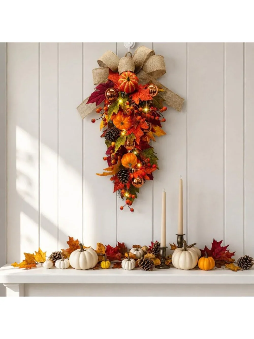 24” Pre-Lit Fall Teardrop Swag - LED Lights, Pumpkins, Maple Leaves & Burlap Bow
